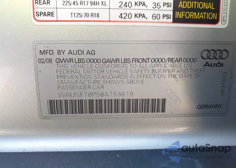 2008 Audi A3 2.0T из США, поврежденный, VIN WAUNF78P58A153619